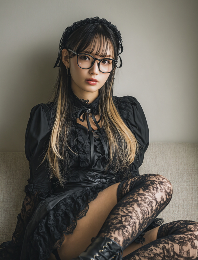黒いゴシック衣装とメガネ姿でこちらを見つめる女性のAIフォト