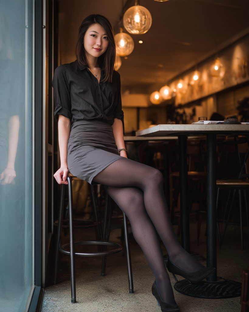 仕事帰りの店内で椅子に座るタイトスカートと黒ストッキング姿の大人のOL