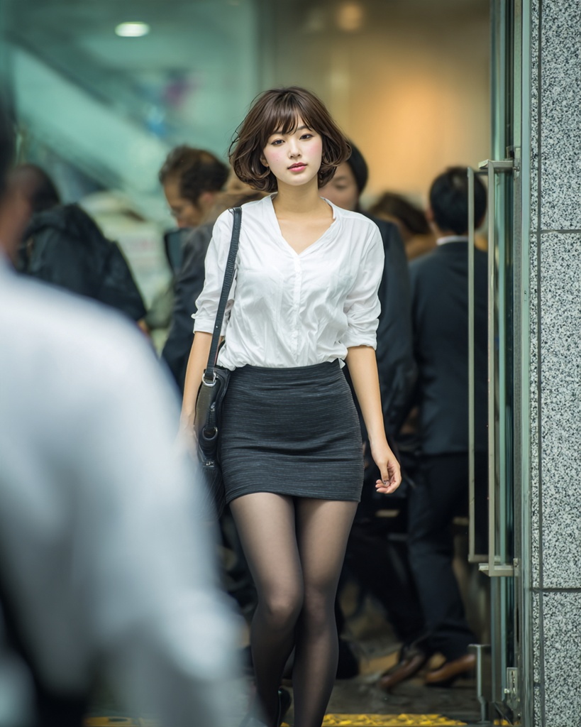 人の行き交うオフィスビルを出る白ブラウスと黒ストッキング姿のOL
