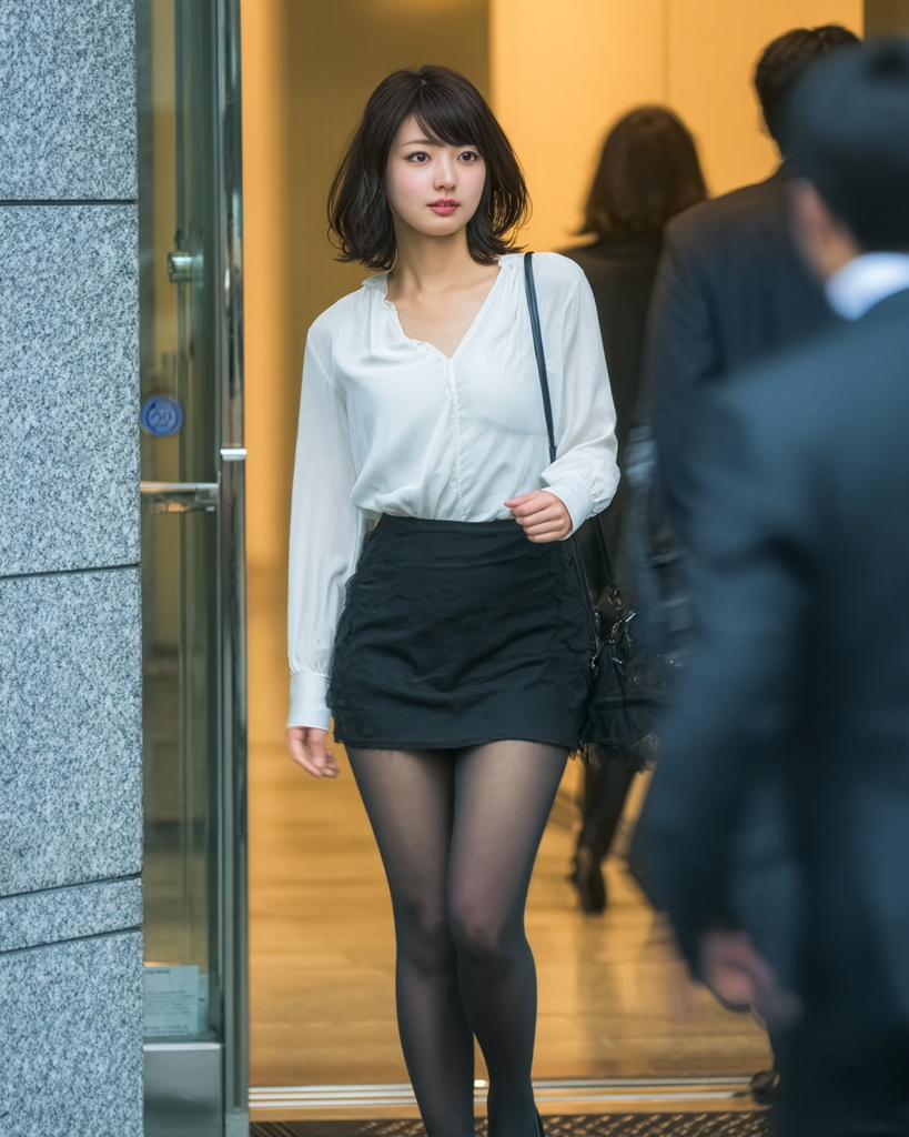 仕事を終えてオフィスビルを後にする白ブラウスと黒ストッキング姿のOL