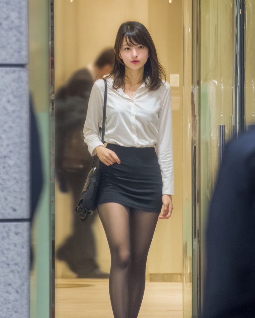 仕事帰りにオフィスビルから出る白ブラウスと黒ストッキング姿のOL