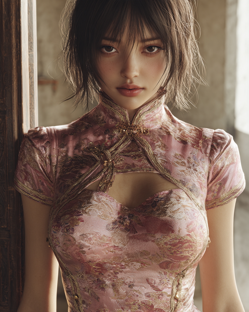 淡いピンクの花柄チャイナドレスを着た女性のポートレート