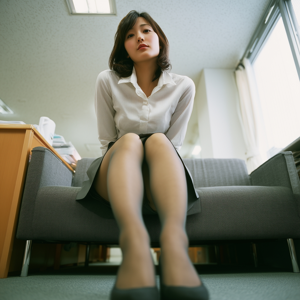 白ブラウスとグレーのタイトスカート、ストッキング姿のOL風女性をローアングルで