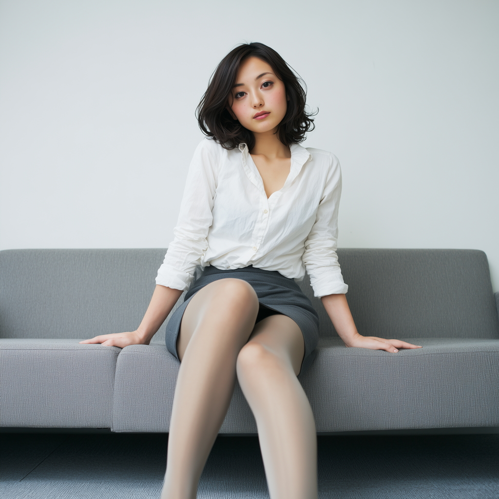白ブラウスとグレーのタイトスカート、ストッキング姿でソファに座る大人のOL風女性