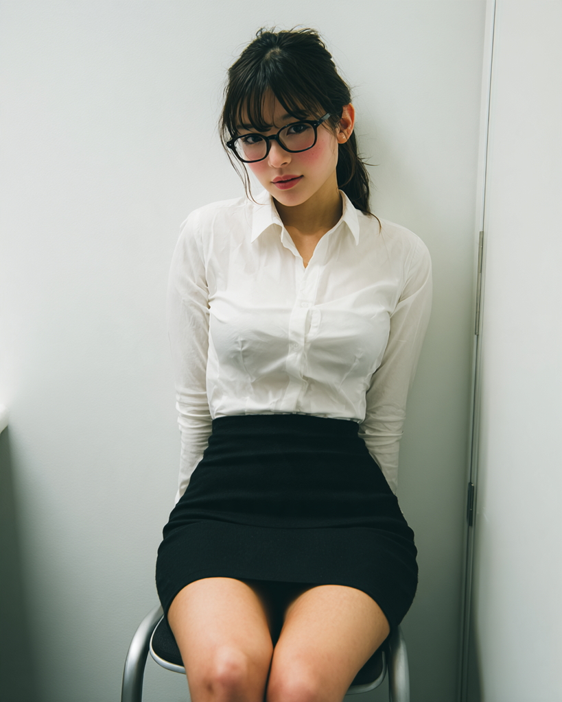白ブラウスと黒タイトスカート姿で椅子に座る生足の黒縁メガネOL