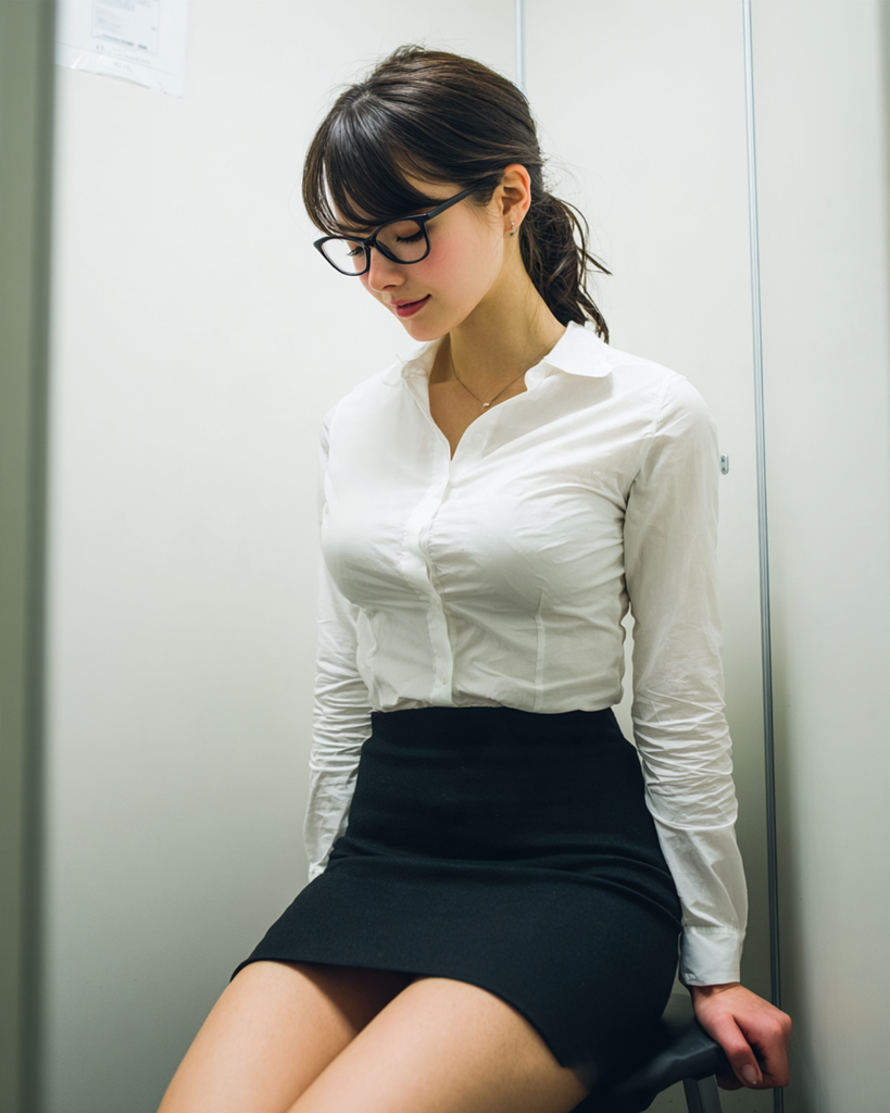 白ブラウスと黒タイトスカート姿で椅子に座る生足の黒縁メガネOL