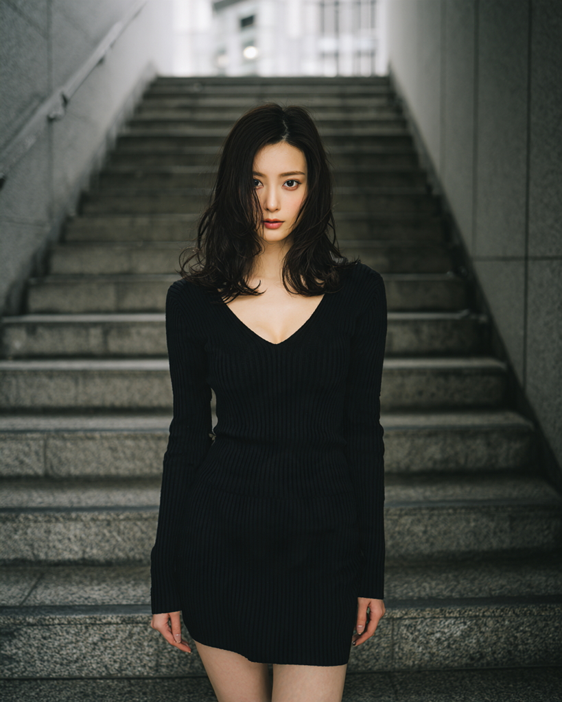 階段を背景に黒のニットワンピースを着て立つ大人の女性