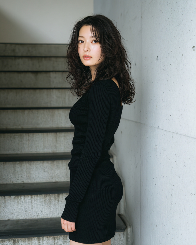 コンクリート階段で黒のニットワンピース姿を横から見せる大人の女性