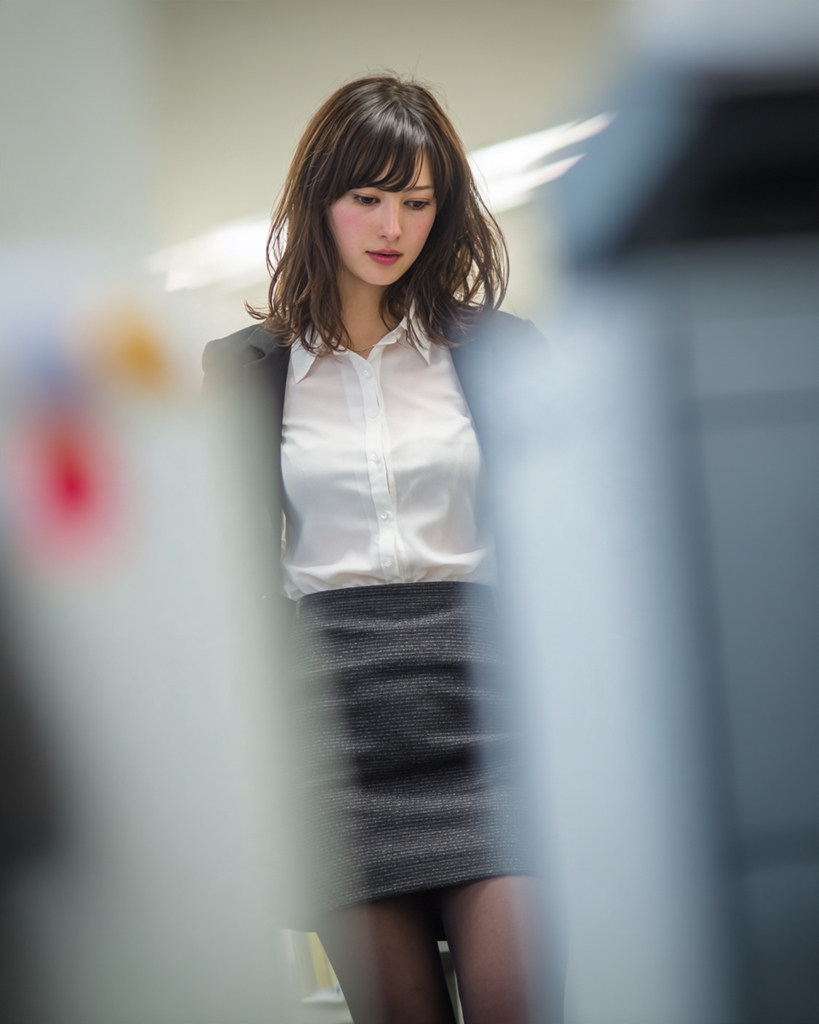 オフィスで仕事をする白ブラウスとタイトスカート姿の大人の女性