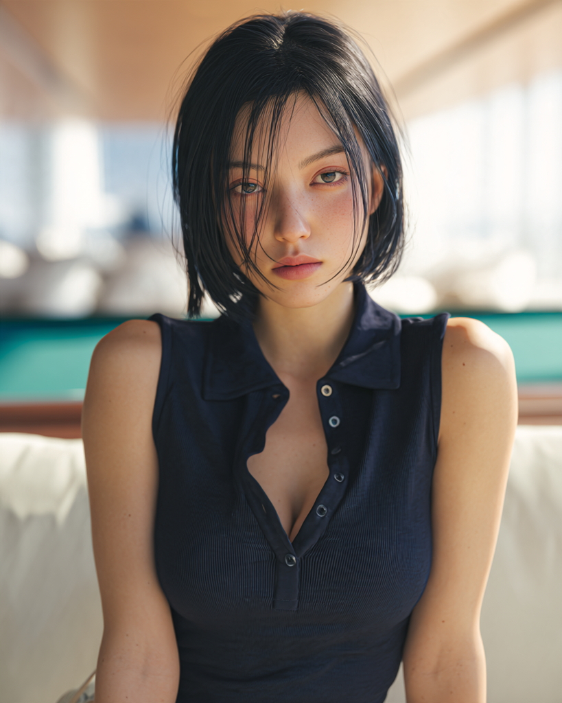 テニス施設でネイビーのノースリーブポロを着たショートボブの女性