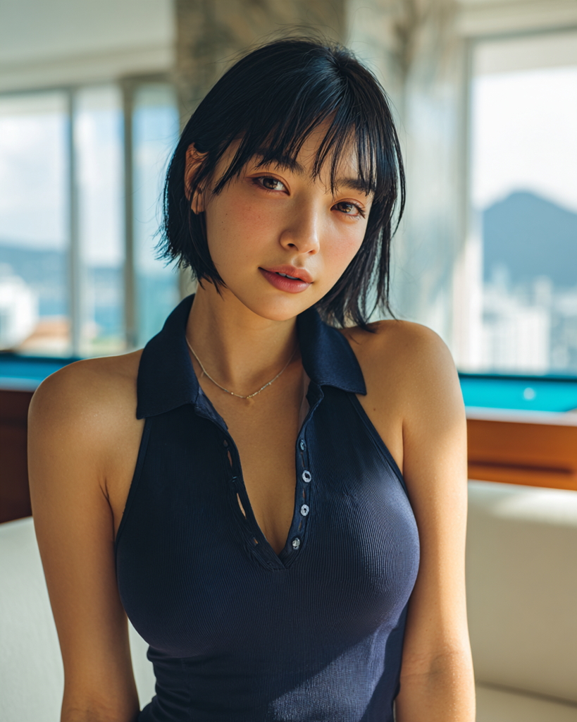ネイビーのノースリーブポロを着たショートボブ女性のポートレート