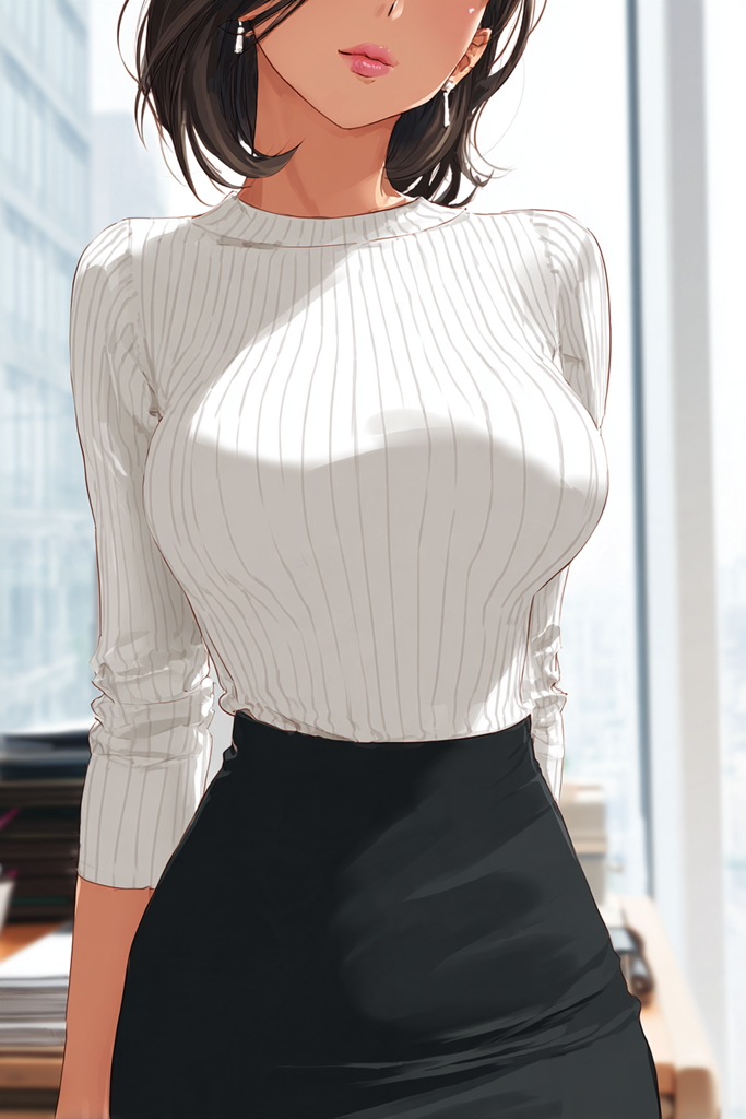 白リブニットの女性