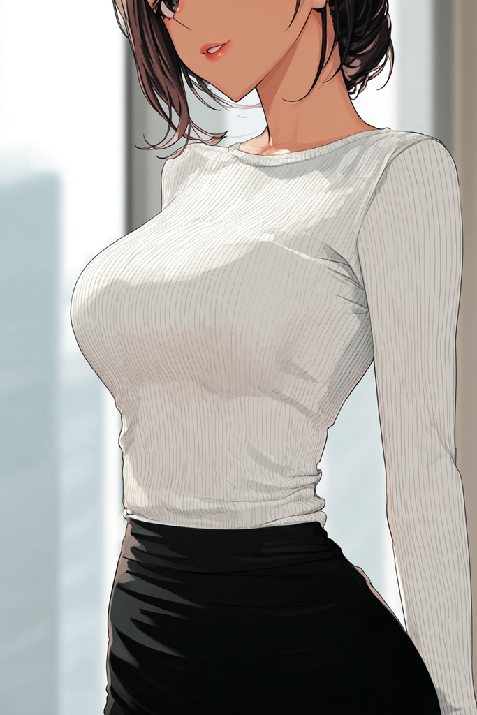 白リブニットの女性