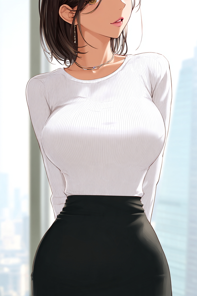 白リブニットの女性
