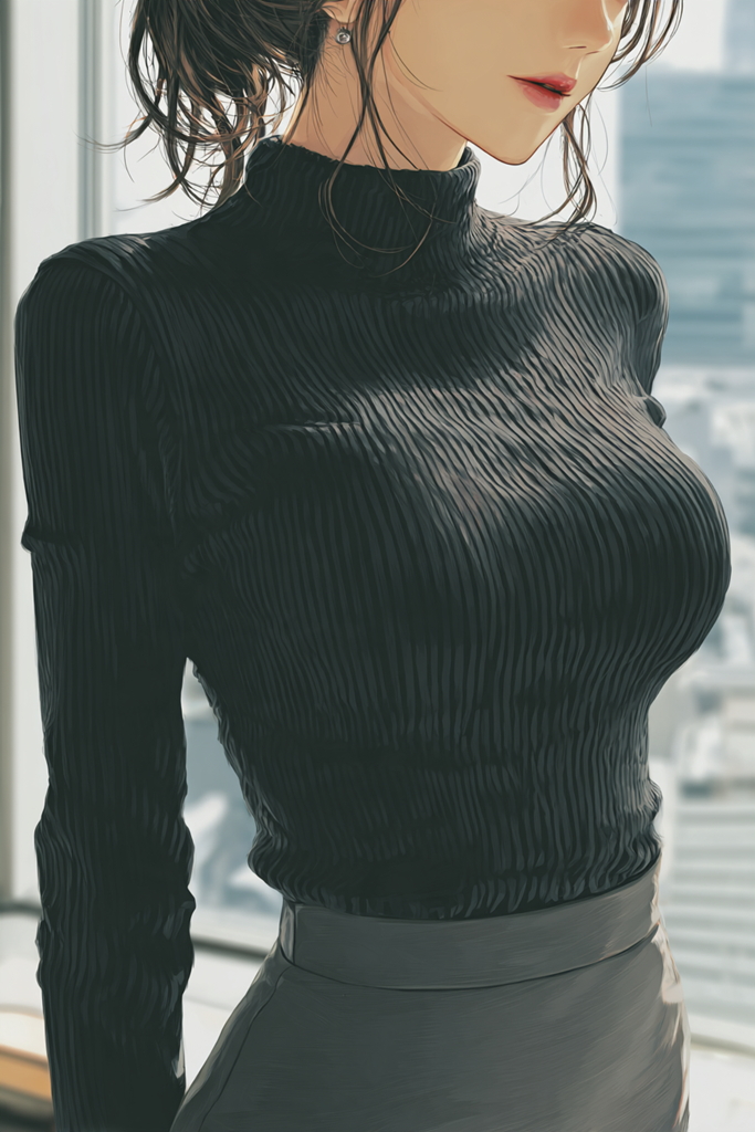 黒リブニットの女性