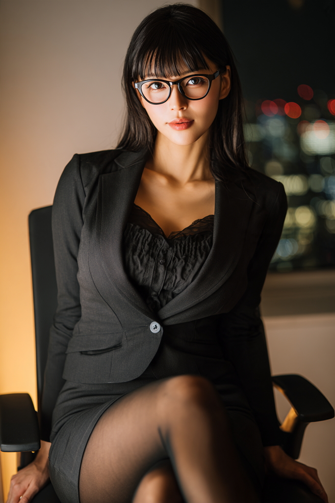 夜のオフィスで黒スーツを着たメガネの女性のAIフォト