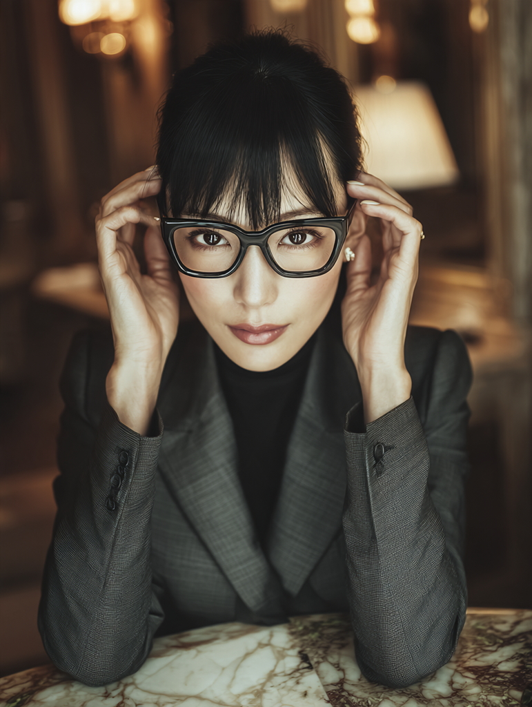 黒縁メガネに手を添える黒スーツ姿の女性のポートレート